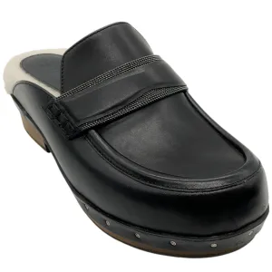 Brunello Cucinelli Black Leather Clogs with Shearling and Monili