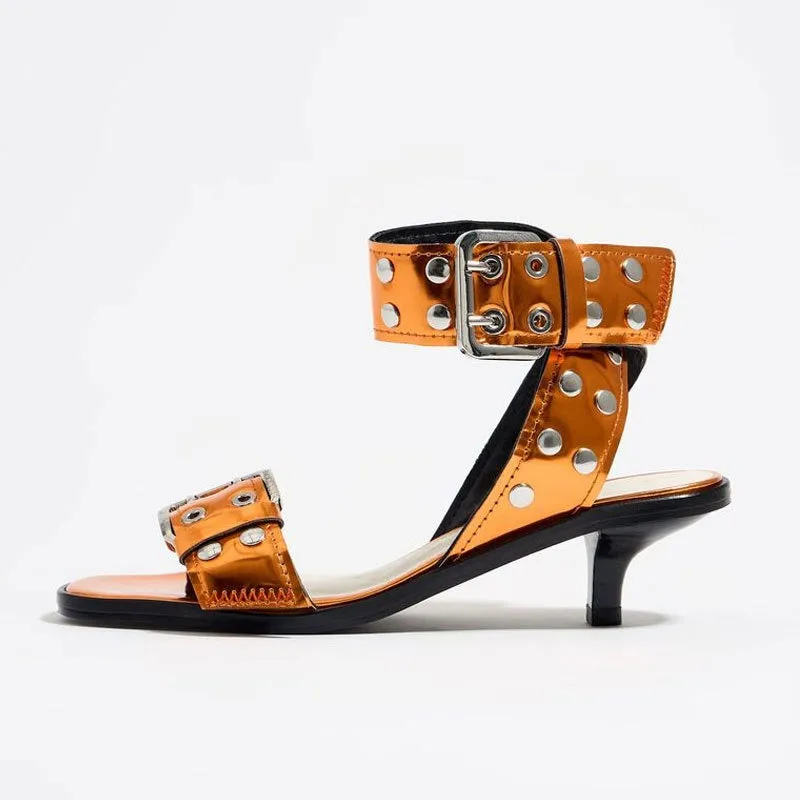 Pre Order:  Wide Rivet Strap Mid-Heel Sandals