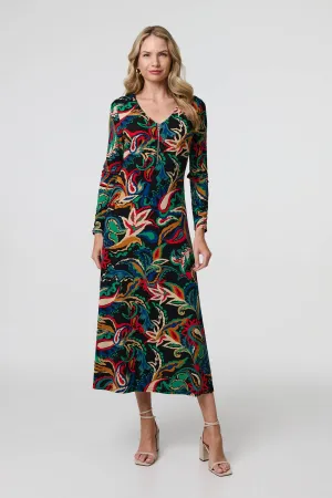 Printed Zip Front Long Sleeve Maxi Dress