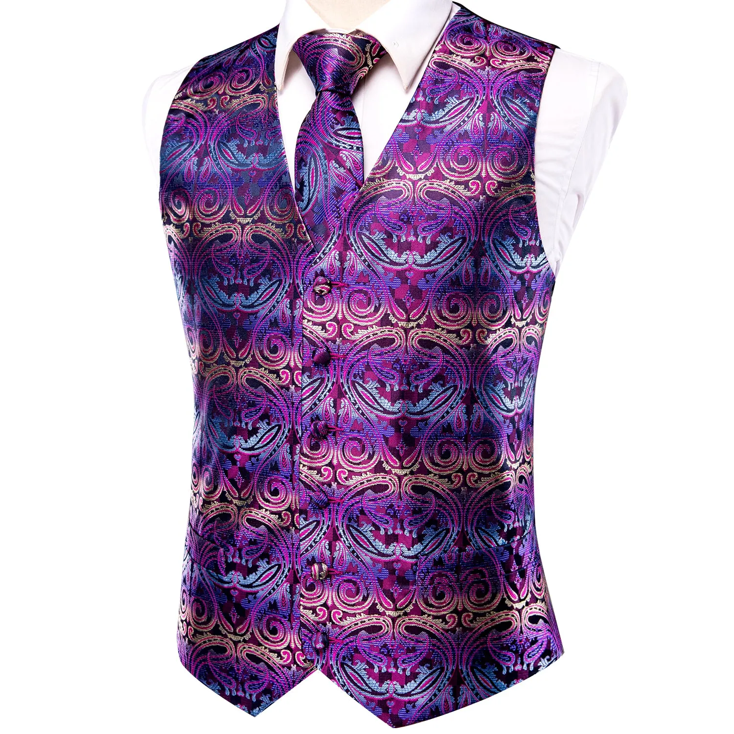 Purple Paisley Novelty Silk Men's Vest Hanky Cufflinks Tie Set Waistcoat Suit Set