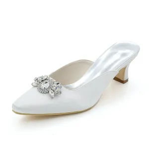 Women's Satin Chunky Heel Pumps With Rhinestone Wedding Shoes Bridal Shoes